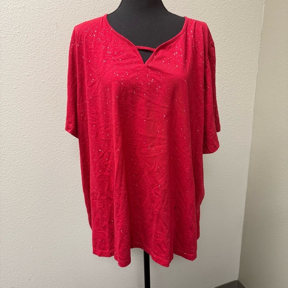 Catherines Red Sparkle Top 3X Plus Size Holiday Glitter Keyhole Blouse - Picture 2 of 7